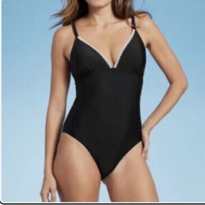 Kona Sol Black Deep V Crochet Trim One Piece Bathing Swim Suit